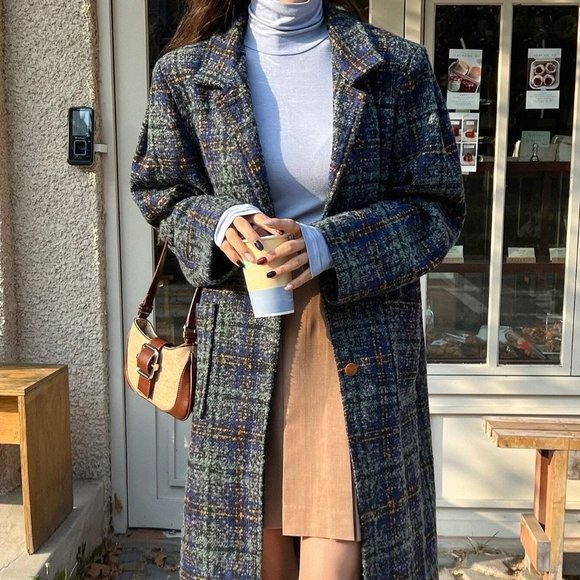 Plaid Lapel Collar Button Front Long Coat Multicolor - Picture 2 of 5